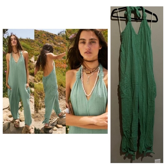 New! Free People free-est Knot It Up Low-back Jumpsuit in Green 28072 - Picture 1 of 13